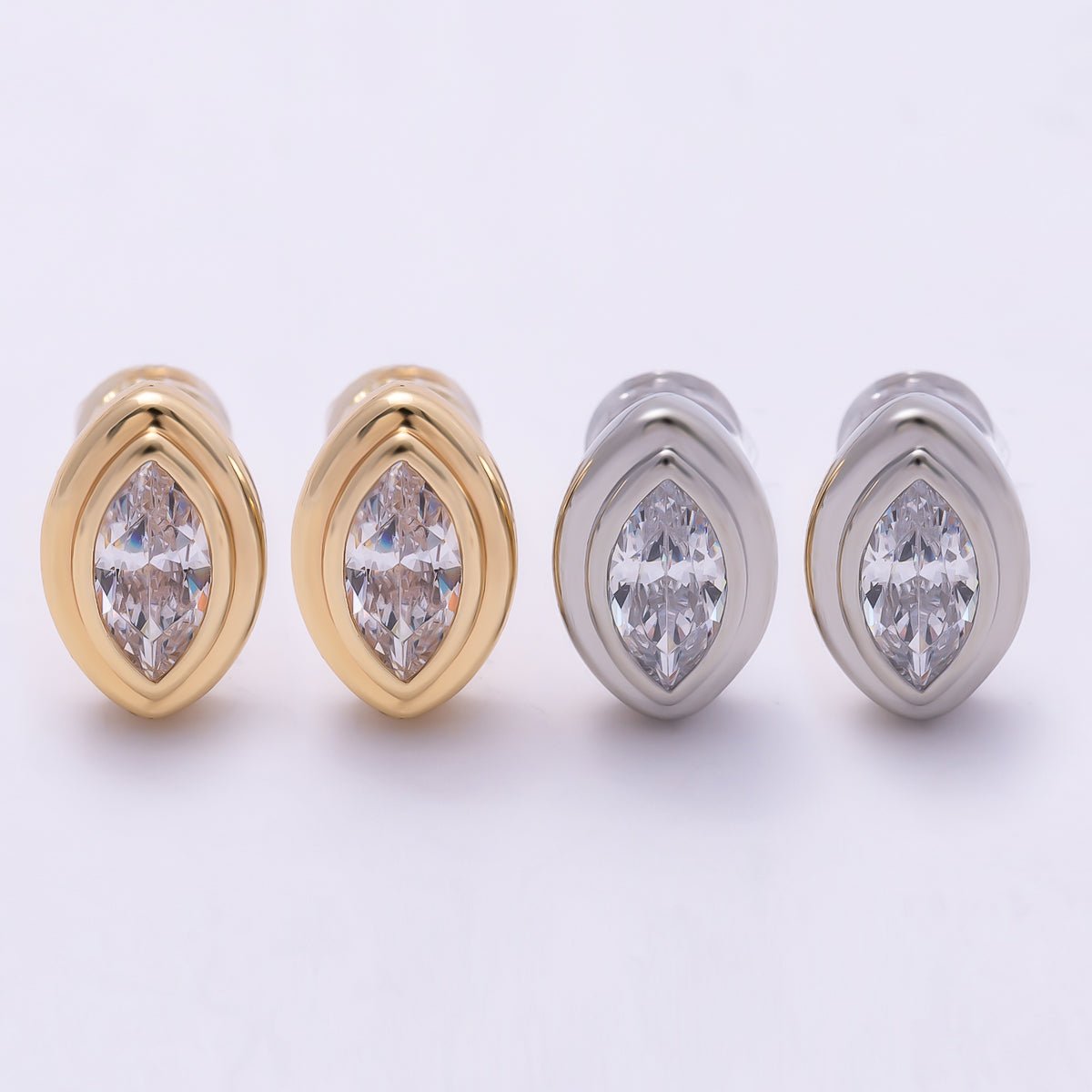 16K Gold Filled 11mm Clear CZ Marquise Bezel Stud Earrings in Gold & Silver | Earrings-00423 Earrings-00424