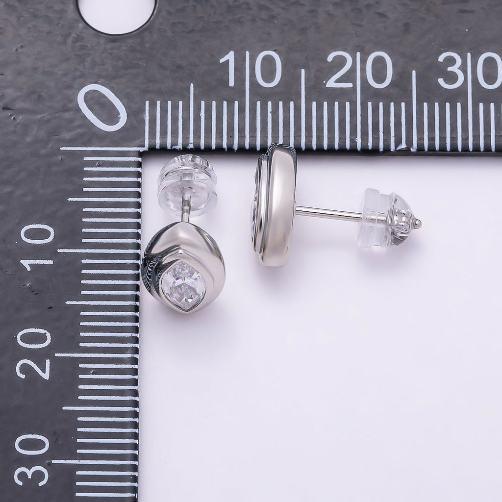 16K Gold Filled 11mm Clear CZ Marquise Bezel Stud Earrings in Gold & Silver | Earrings-00423 Earrings-00424