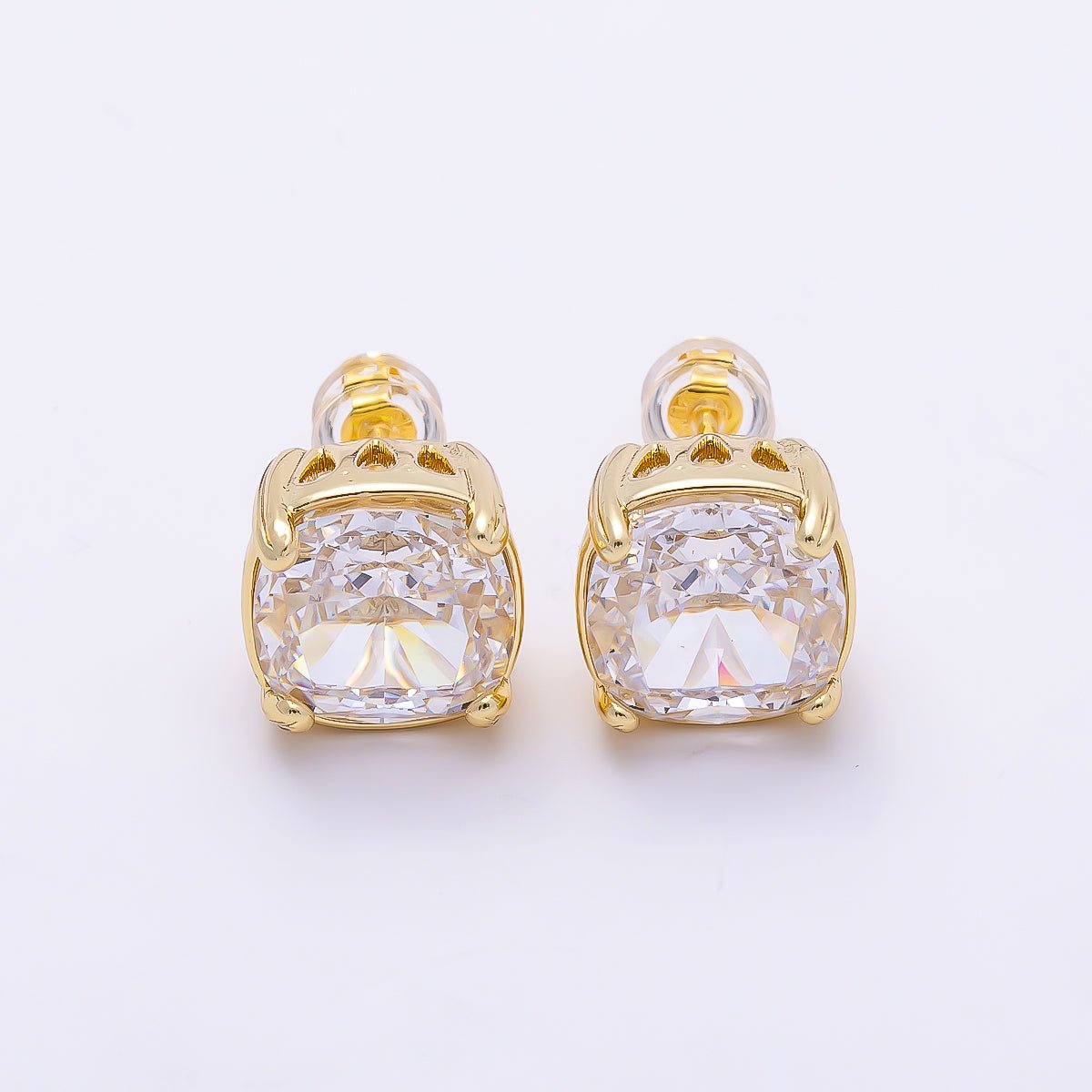 16K Gold Filled 11mm Clear CZ Rounded Square Baguette Prong Stud | Earrings-00692
