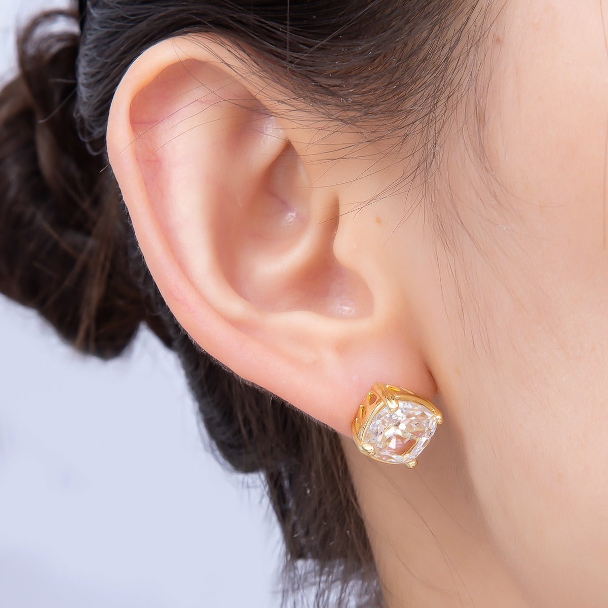 16K Gold Filled 11mm Clear CZ Rounded Square Baguette Prong Stud | Earrings-00692