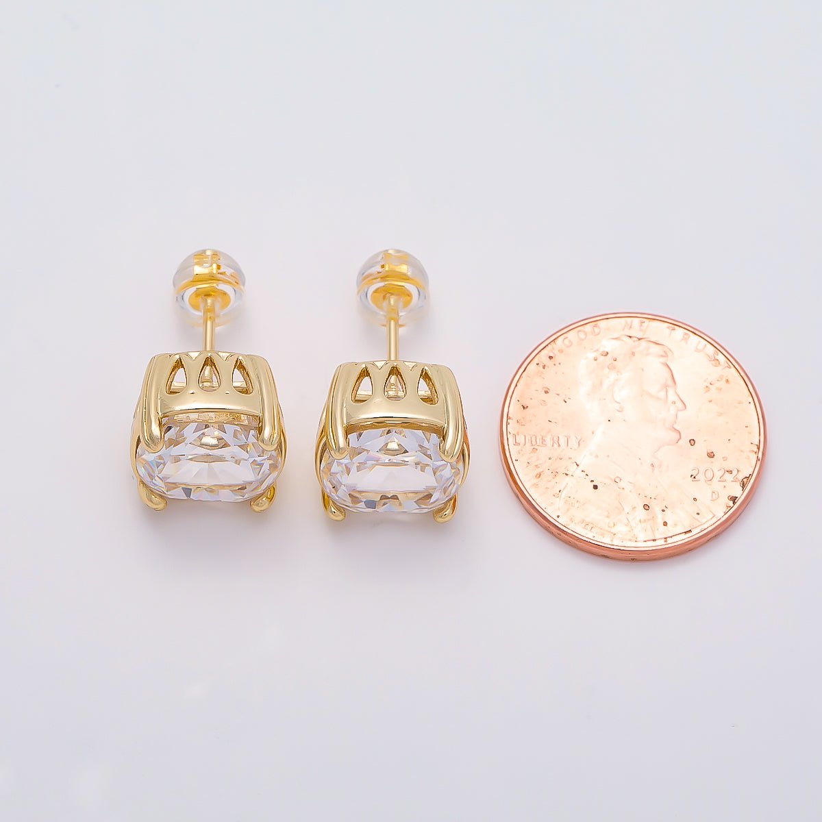 16K Gold Filled 11mm Clear CZ Rounded Square Baguette Prong Stud | Earrings-00692