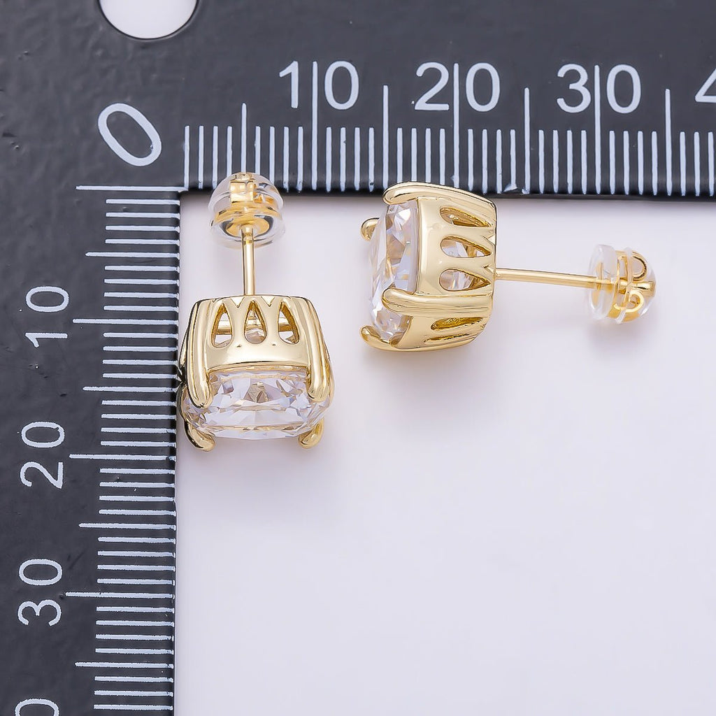 16K Gold Filled 11mm Clear CZ Rounded Square Baguette Prong Stud | Earrings-00692