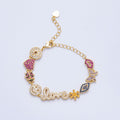16K Gold Filled 11mm "Love" Multicolor Micro Paved 5 Inch Charm Bracelet | WA-04044