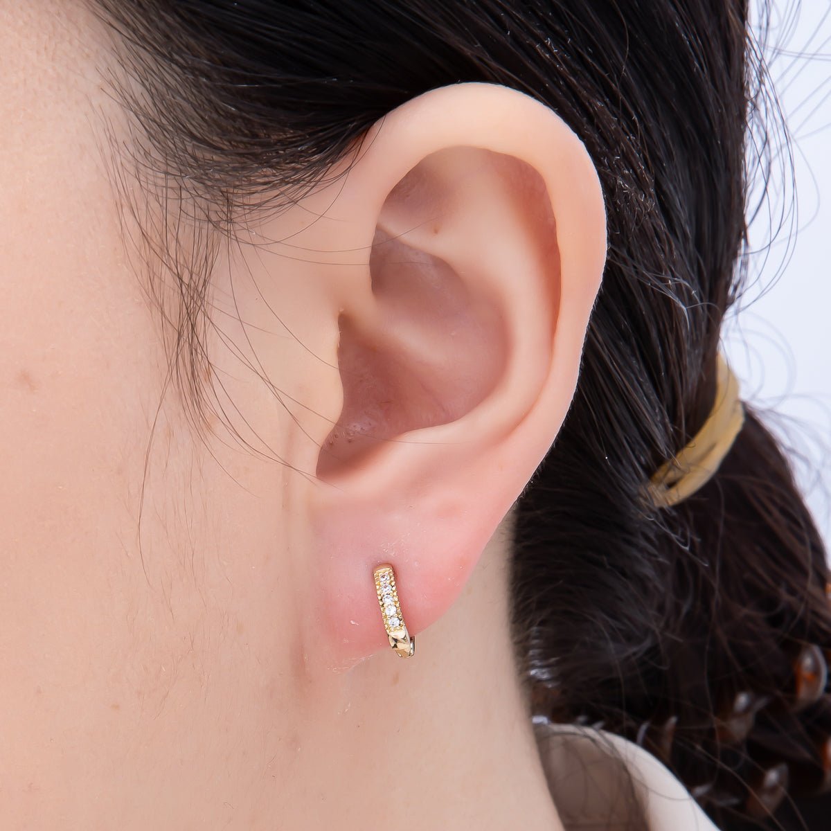 16K Gold Filled 11mm Micro Paved CZ Ribbed Cartilage Huggies Earrings | Earrings-00442
