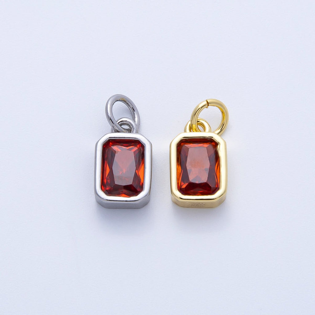 16K Gold Filled 11mm Red Baguette CZ January Birthstone Bezel Charm in Gold & Silver | Charms-00261 ~ Charms-00262