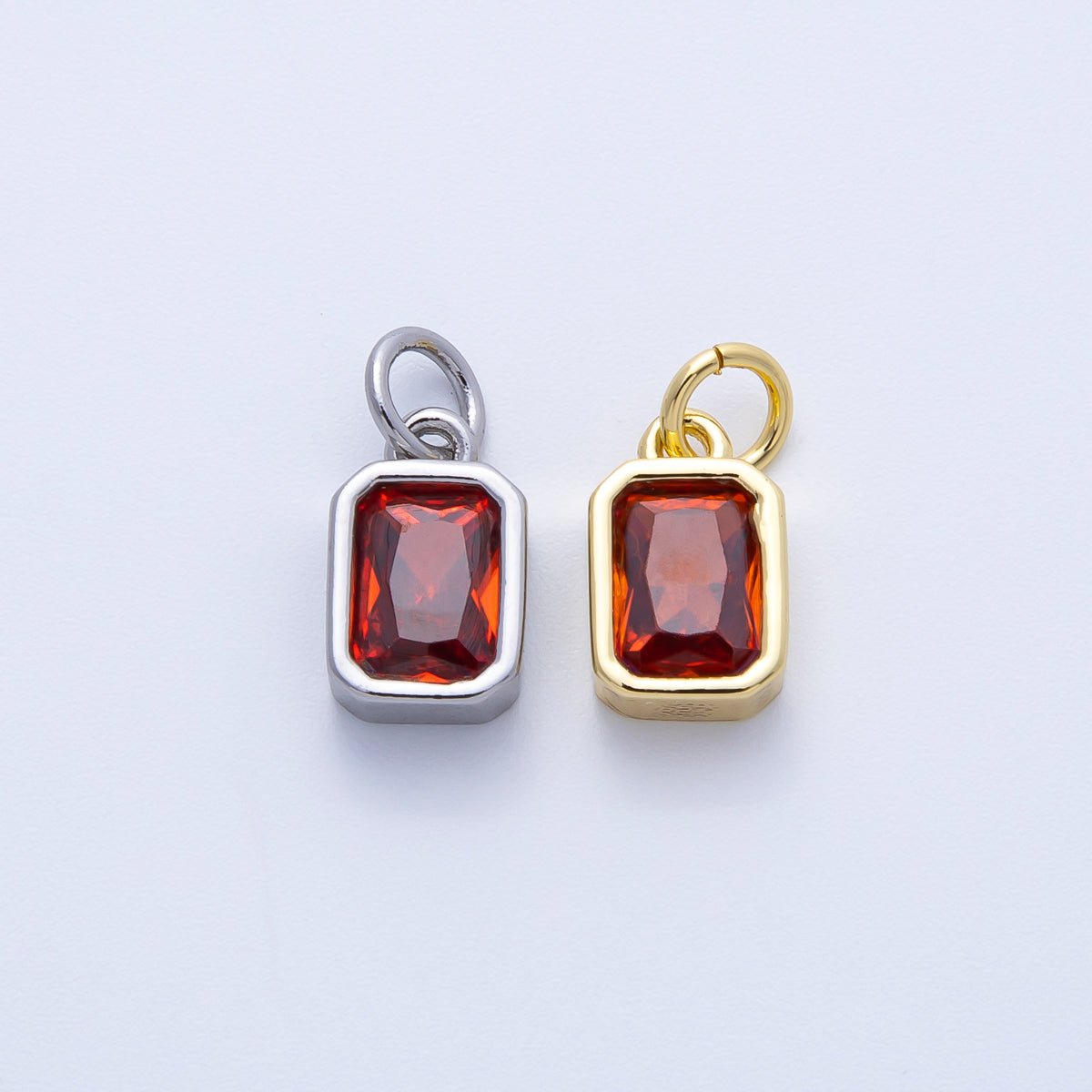 16K Gold Filled 11mm Red Baguette CZ January Birthstone Bezel Charm in Gold & Silver | Charms-00261 ~ Charms-00262