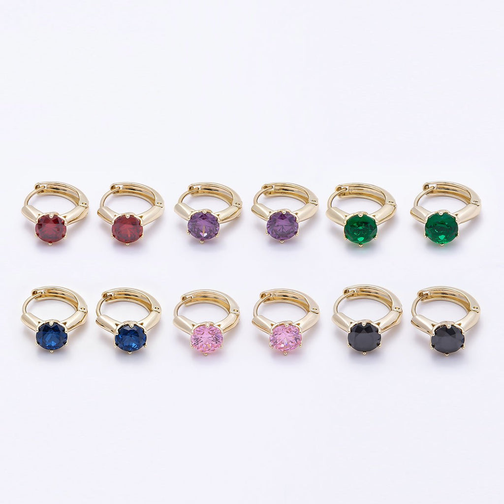 16K Gold Filled 12.5mm Pink, Red, Green, Purple, Blue, Black Round Solitaire CZ Cartilage Huggie Earrings | Earrings-00381 ~ Earrings-00386