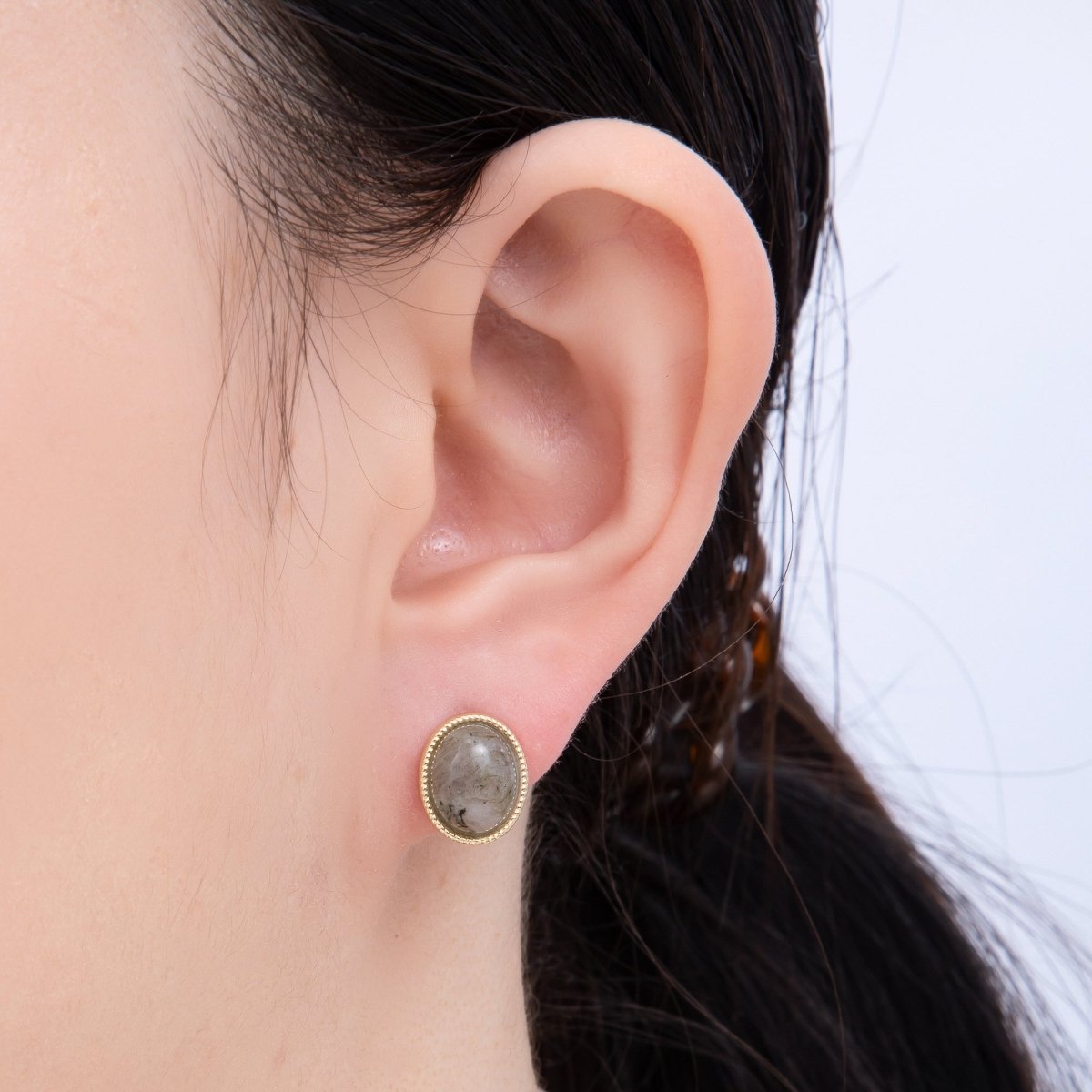 16K Gold Filled 12mm Amazonite, Carnelian, Green Agate, Labradorite Oval Gemstone Bezel Stud Earrings | EARRINGS-00234 - EARRINGS-00237