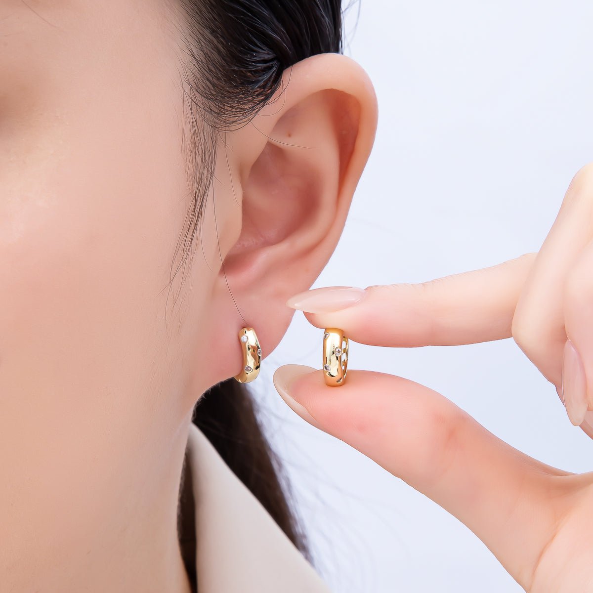 16K Gold Filled 12mm Clear CZ Dotted Cartilage Huggie Earrings | Earrings-00341