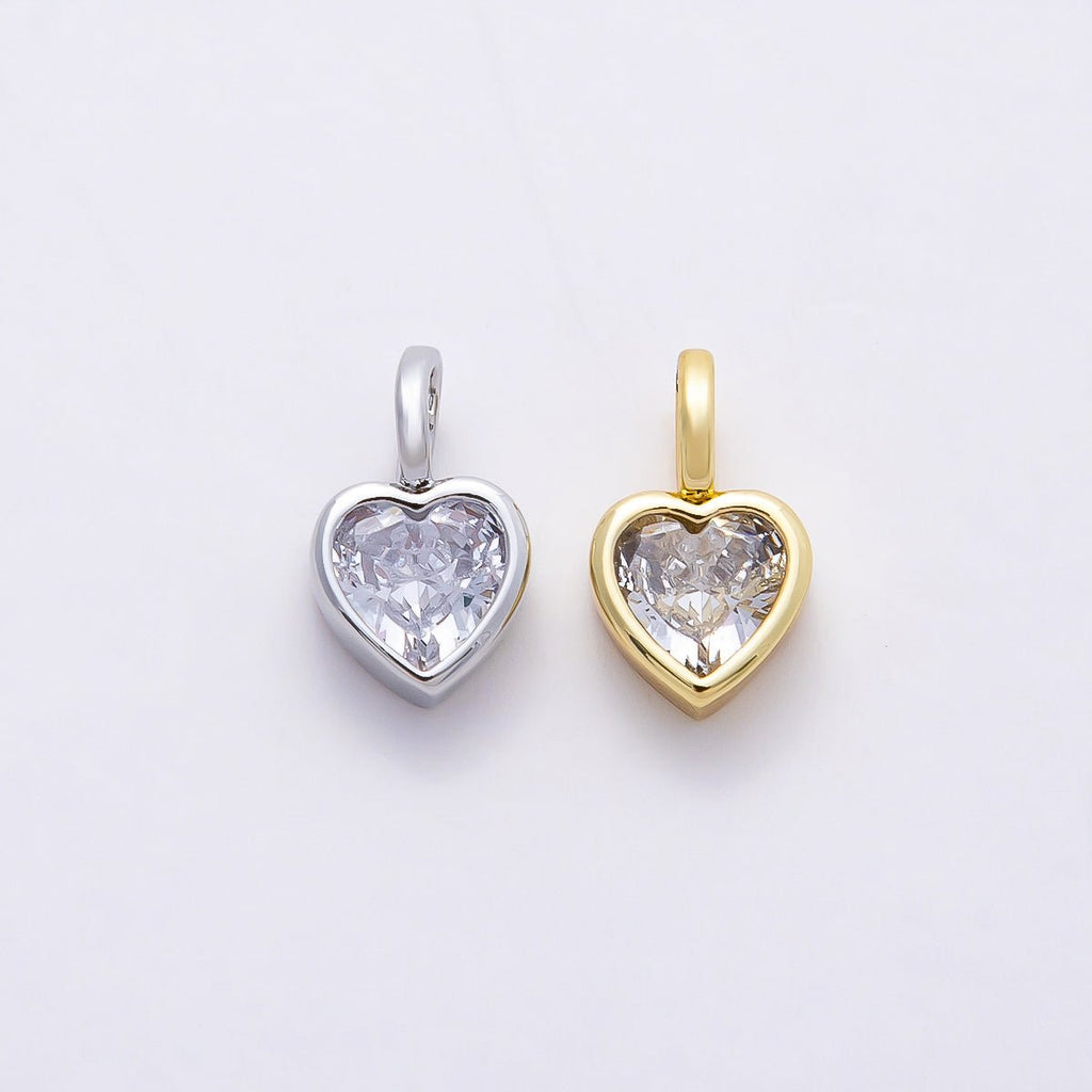 16K Gold Filled 12mm Clear CZ Love Heart Bezel Solitaire Pendant in Gold & Silver | Charms-00836 Charms-00837