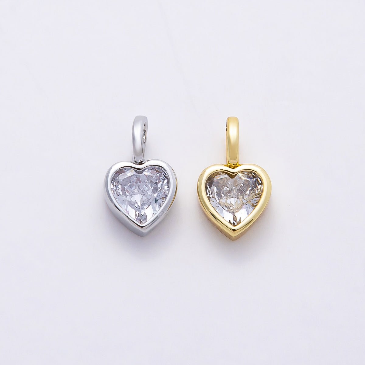 16K Gold Filled 12mm Clear CZ Love Heart Bezel Solitaire Pendant in Gold & Silver | Charms-00836 Charms-00837