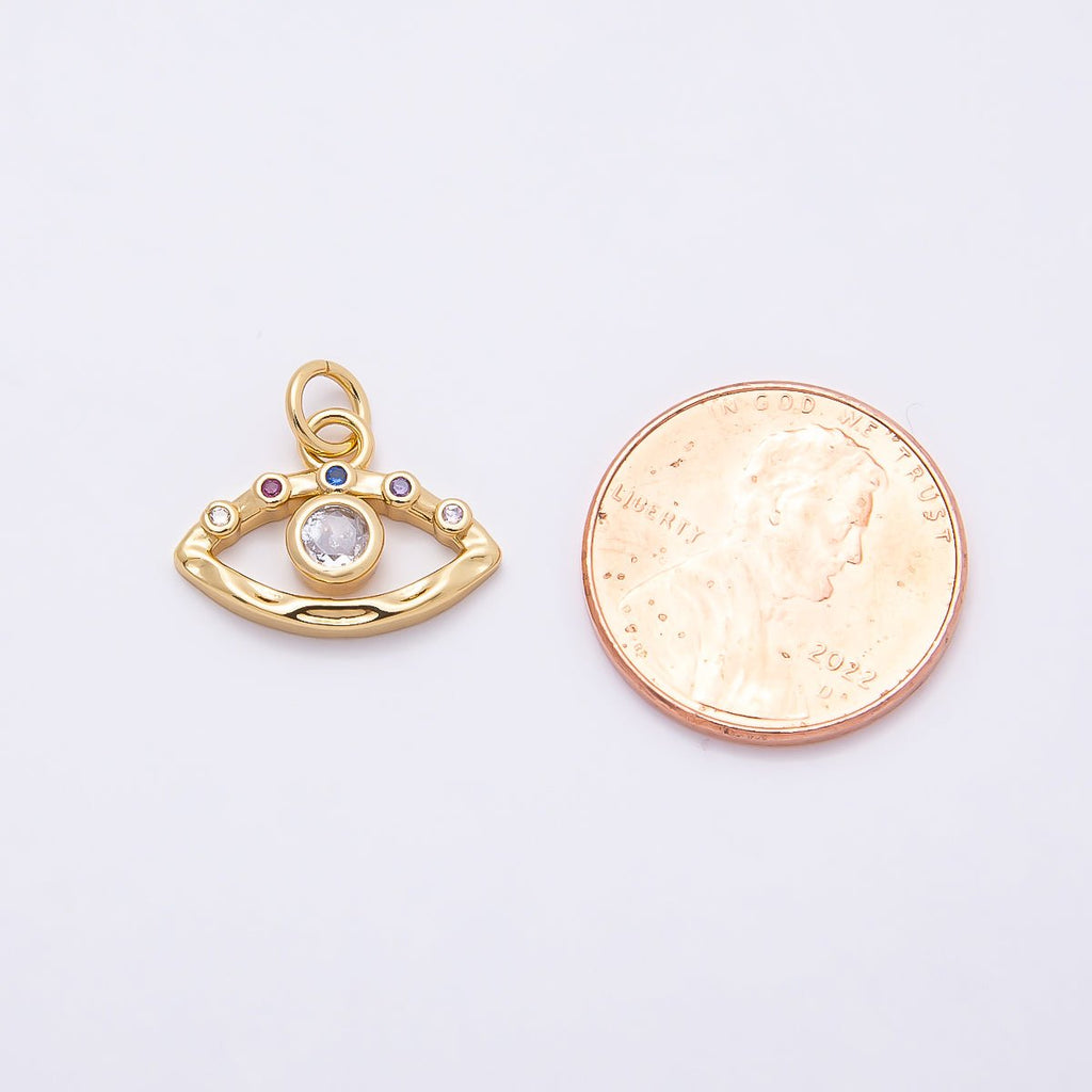 16K Gold Filled 12mm Multicolor Clear CZ Evil Eye Open Textured Charm | Charms-00863