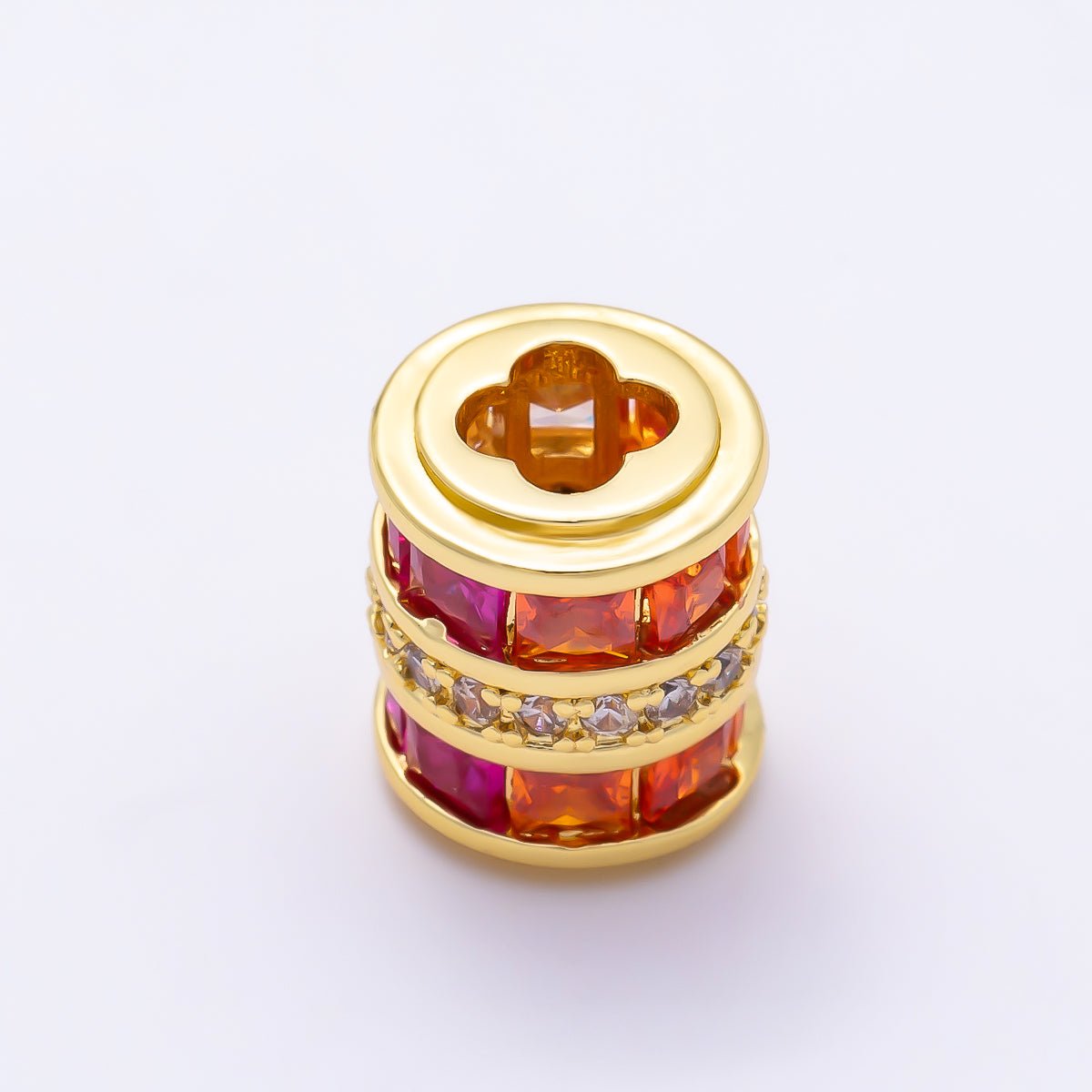 16K Gold Filled 10mm x 12mm Red Pink Baguette Gradient Micro Paved CZ Wide Bead | Beads-00539