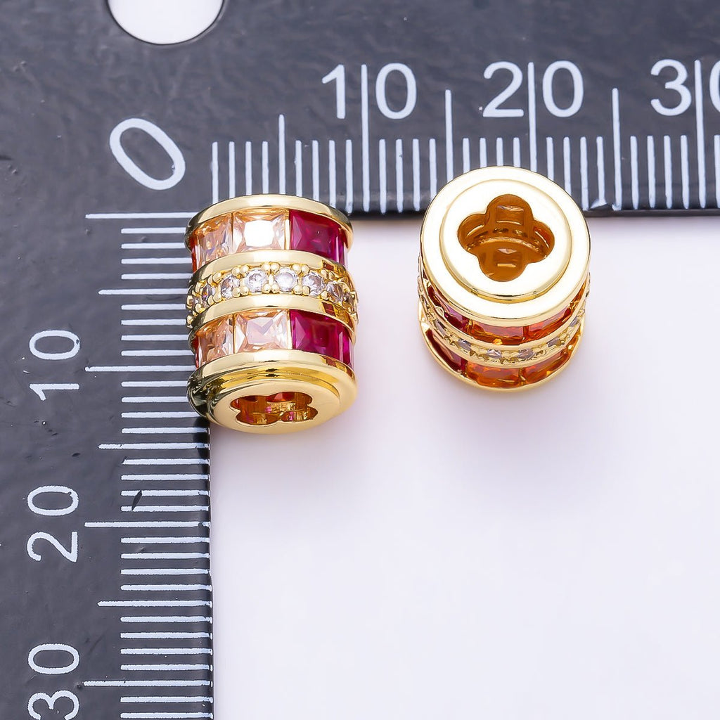 16K Gold Filled 10mm x 12mm Red Pink Baguette Gradient Micro Paved CZ Wide Bead | Beads-00539