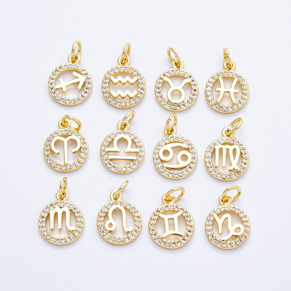 16K Gold Filled 13.5mm Micro Paved CZ Personalized Zodiac Sign Charm | Charms-00223 ~ Charms-00234