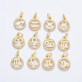 16K Gold Filled 13.5mm Micro Paved CZ Personalized Zodiac Sign Charm | Charms-00223 ~ Charms-00234