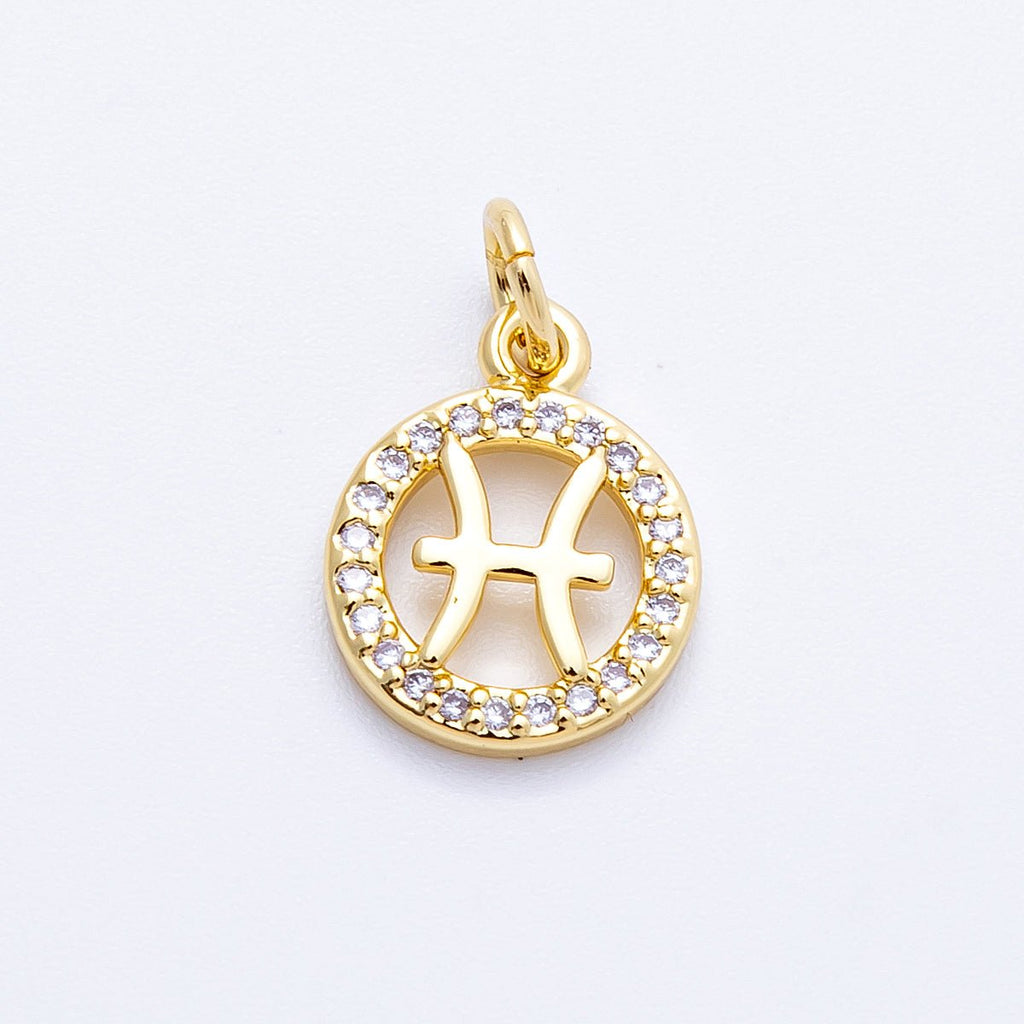 16K Gold Filled 13.5mm Micro Paved CZ Personalized Zodiac Sign Charm | Charms-00223 ~ Charms-00234