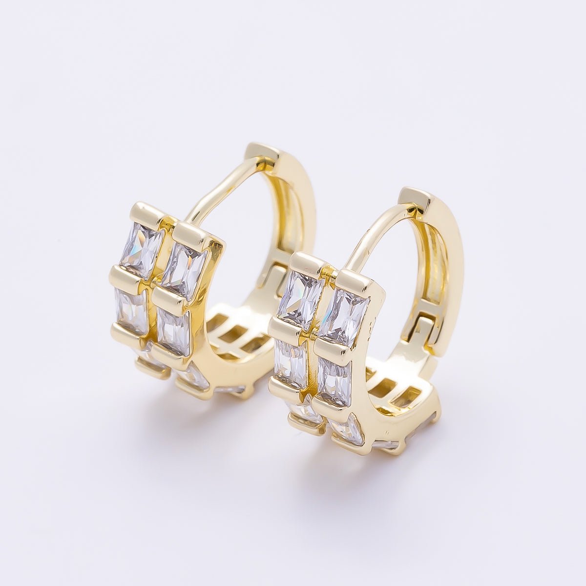 16K Gold Filled 13mm Clear CZ Double Baguette Huggie Hoop | Earrings-00683