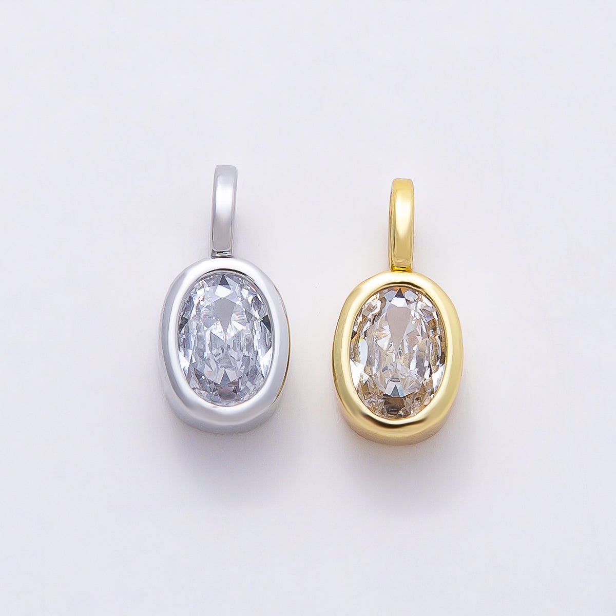 16K Gold Filled 13mm Clear CZ Oval Bezel Solitaire Pendant in Gold & Silver | Charms-00840 Charms-00841