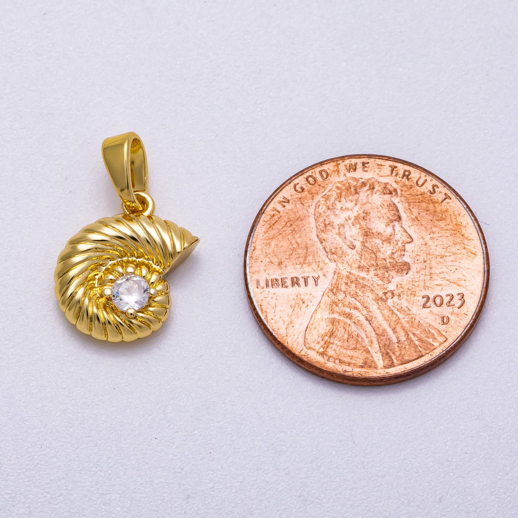 16K Gold Filled 13mm Clear CZ Ribbed Seashell Charm | Charms-00595
