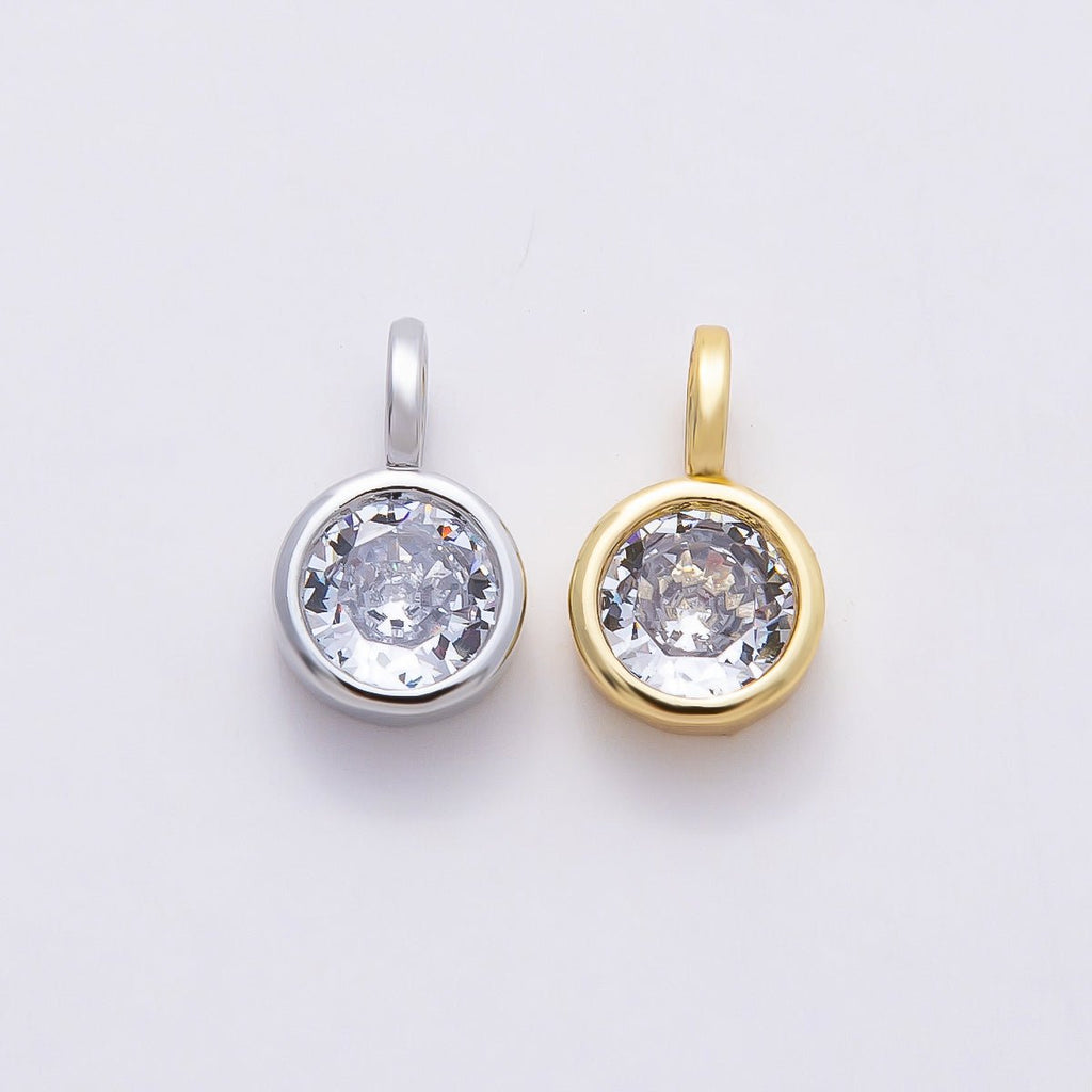 16K Gold Filled 13mm Clear CZ Round Bezel Solitaire Pendant in Gold & Silver | Charms-00838 Charms-00839