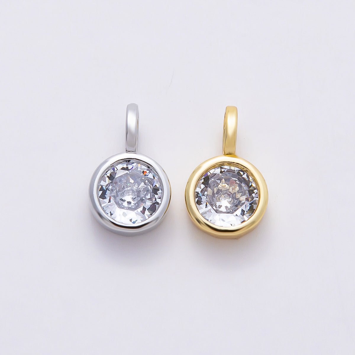 16K Gold Filled 13mm Clear CZ Round Bezel Solitaire Pendant in Gold & Silver | Charms-00838 Charms-00839