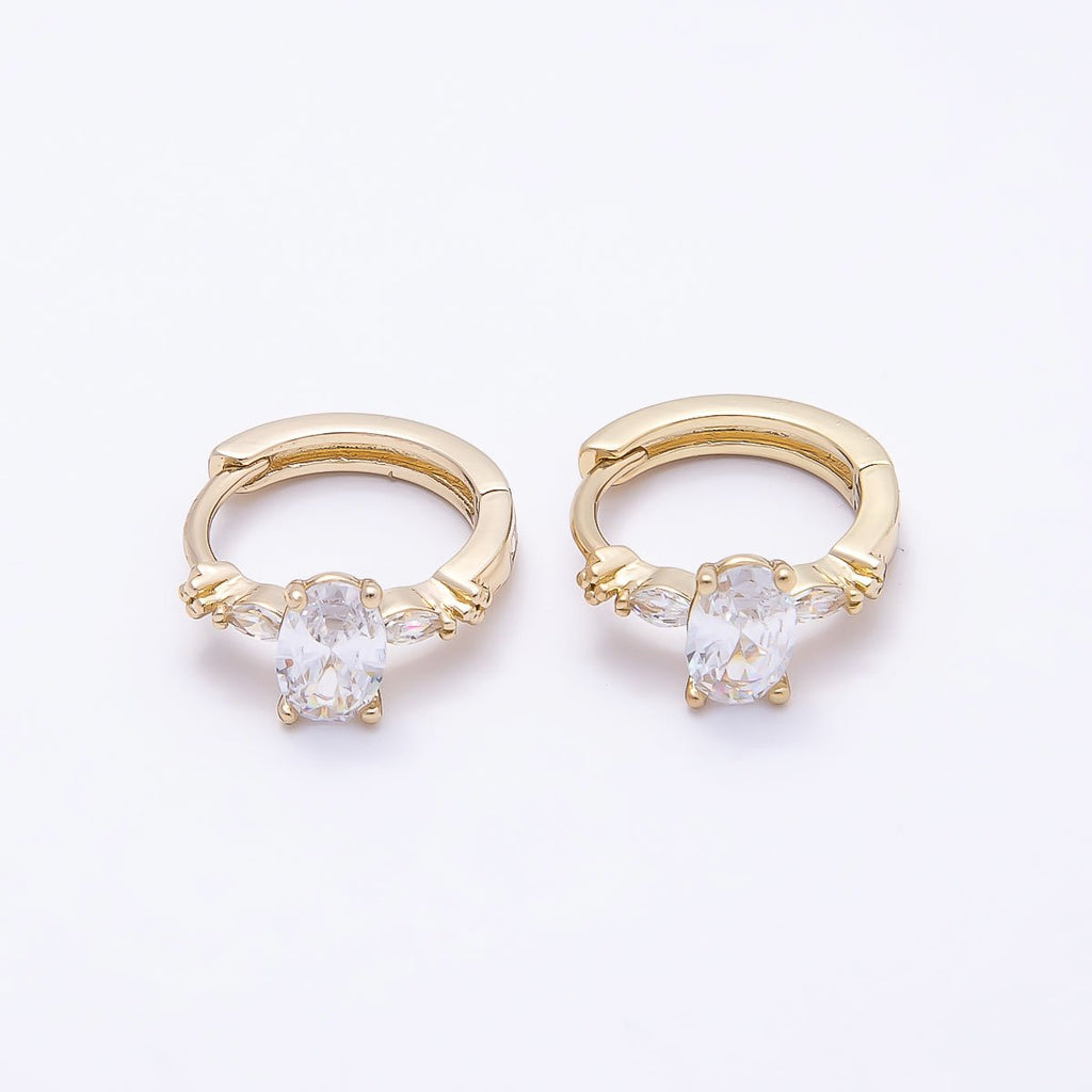 16K Gold Filled 13mm Clear, Green, Purple, Blue, Black Oval CZ Huggie Earrings | Earrings-00387 ~ Earrings-0038