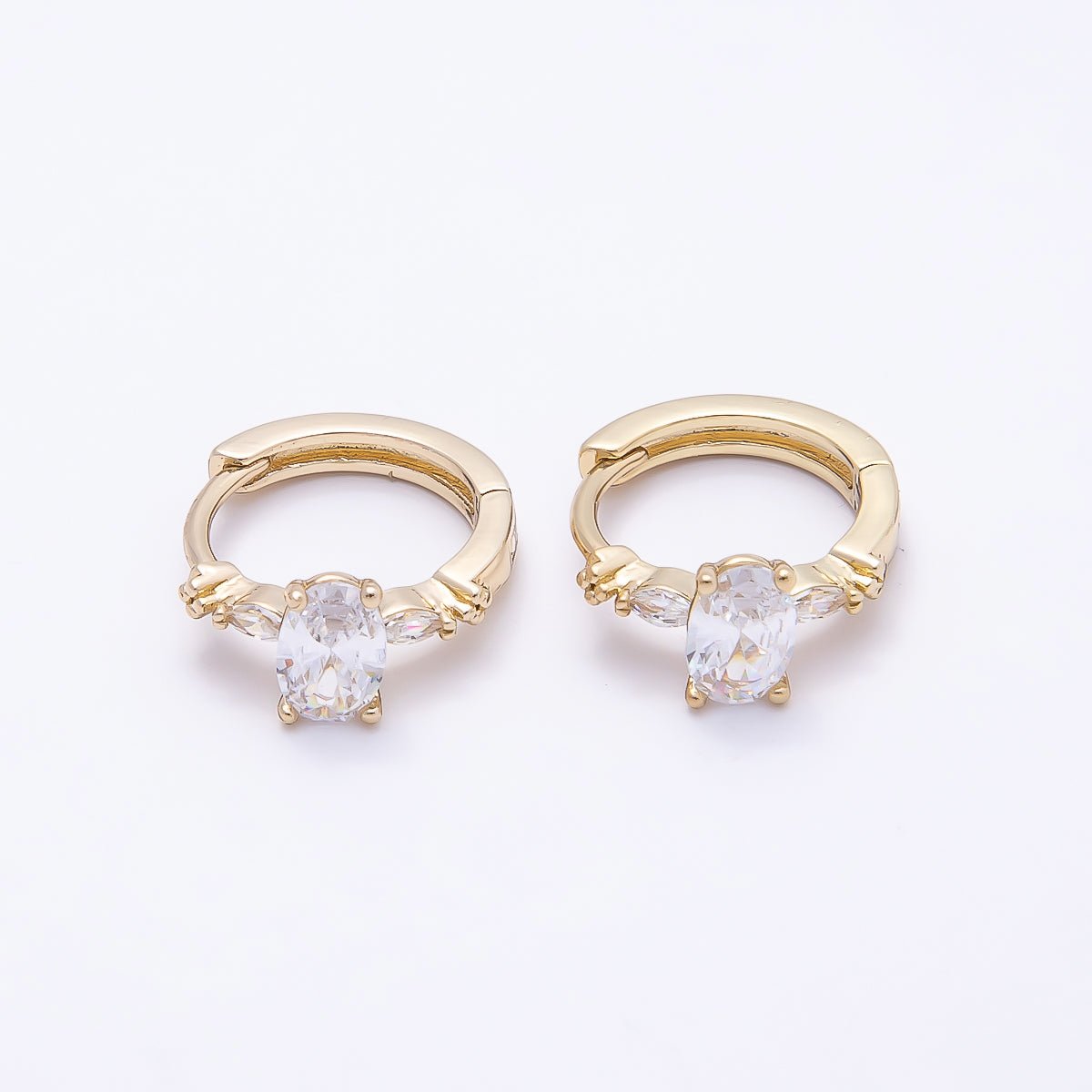 16K Gold Filled 13mm Clear, Green, Purple, Blue, Black Oval CZ Huggie Earrings | Earrings-00387 ~ Earrings-0038