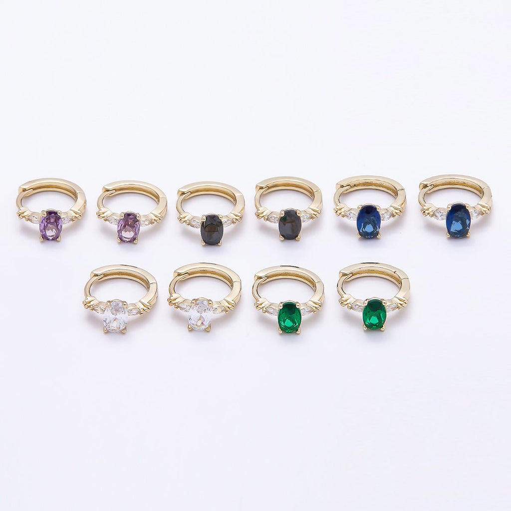 16K Gold Filled 13mm Clear, Green, Purple, Blue, Black Oval CZ Huggie Earrings | Earrings-00387 ~ Earrings-0038