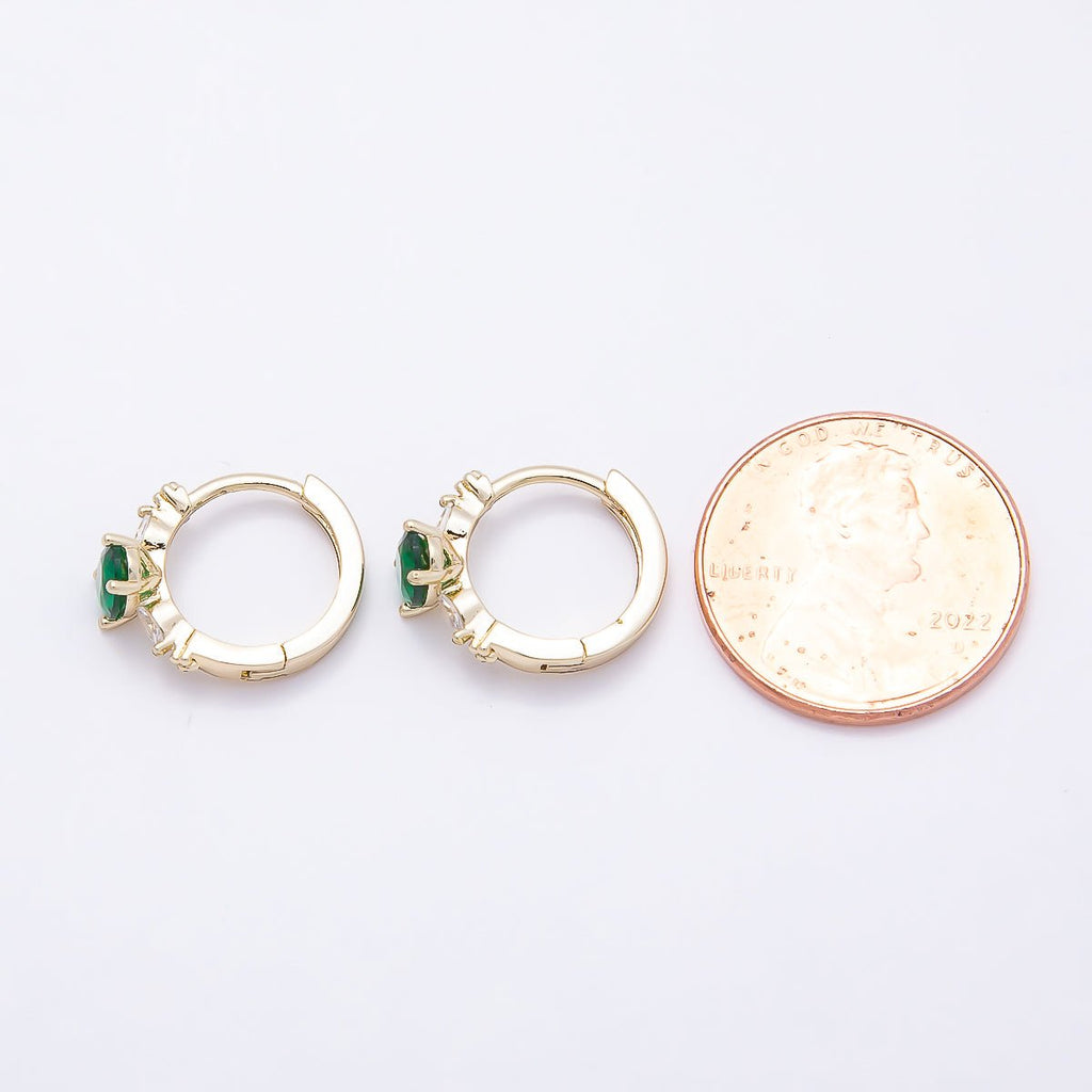 16K Gold Filled 13mm Clear, Green, Purple, Blue, Black Oval CZ Huggie Earrings | Earrings-00387 ~ Earrings-0038