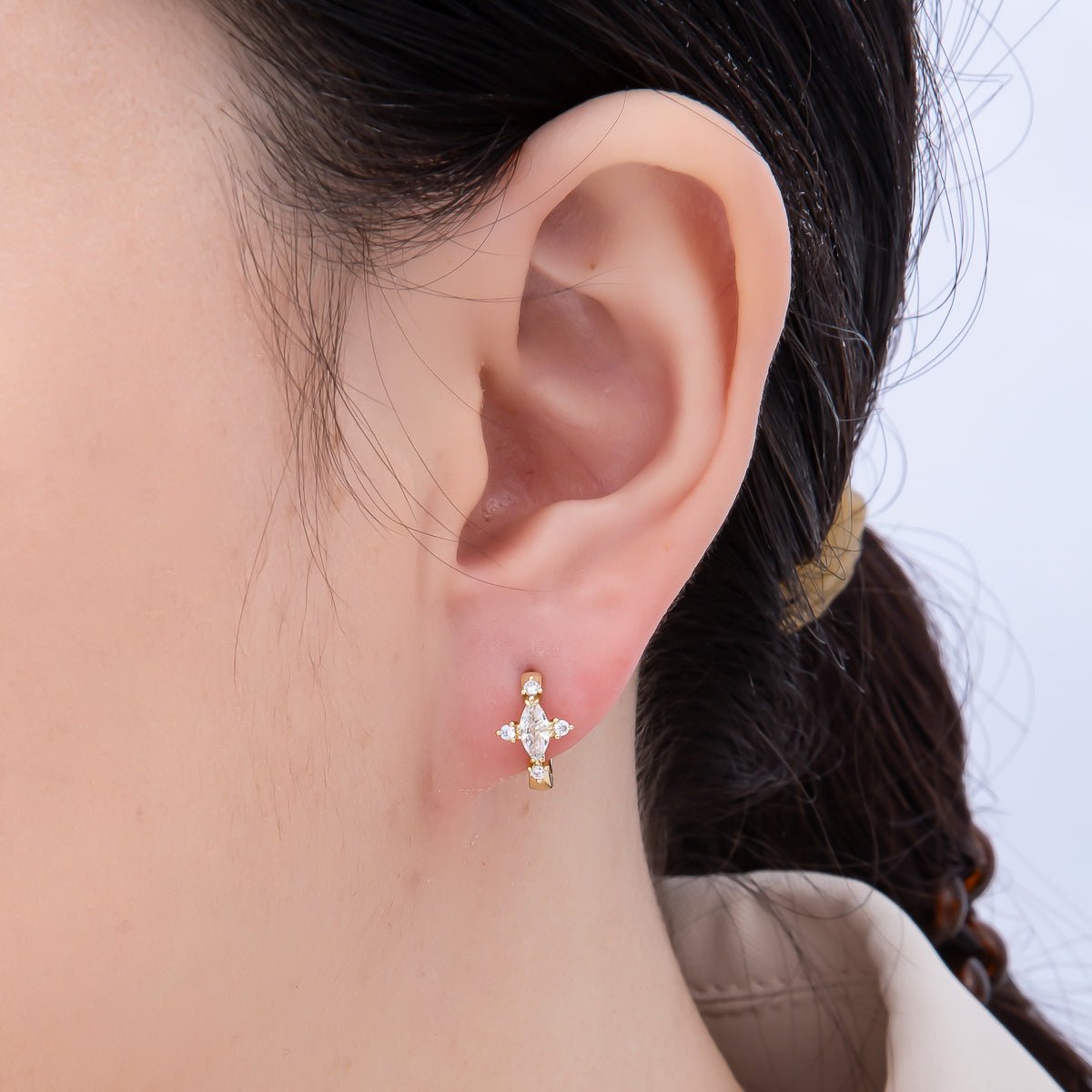 16K Gold Filled 13mm Clear Marquise CZ Celestial Star Huggie Earrings | Earrings-00453
