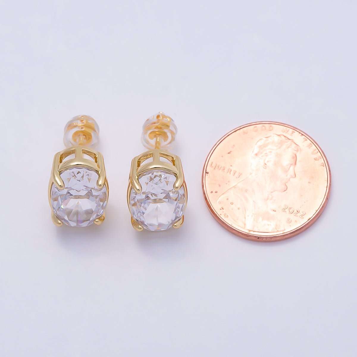 16K Gold Filled 13mm Clear Oval CZ Stud Earrings in Gold & Silver | Earrings-00403 Earrings-00404