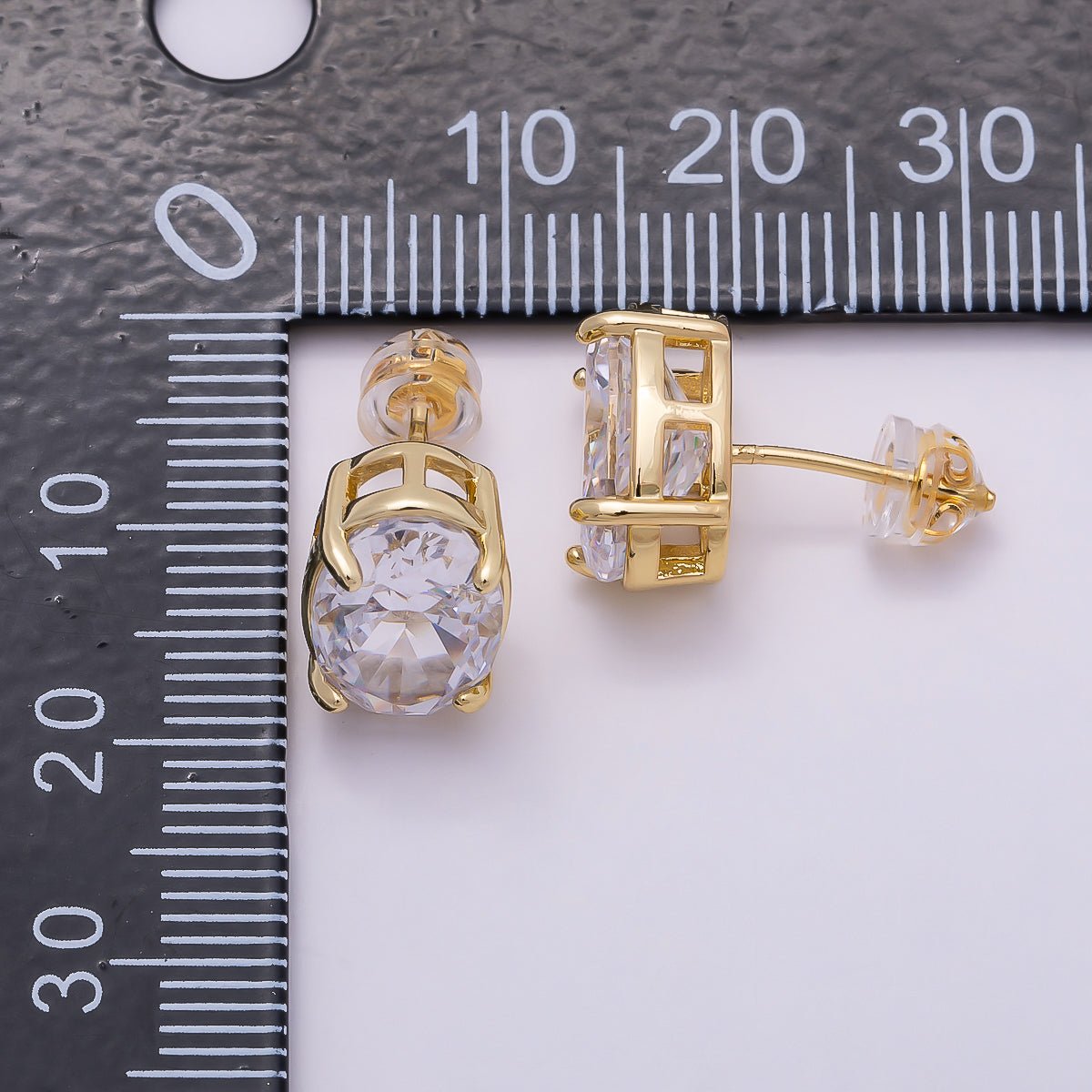 16K Gold Filled 13mm Clear Oval CZ Stud Earrings in Gold & Silver | Earrings-00403 Earrings-00404