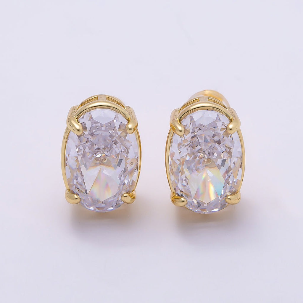 16K Gold Filled 13mm Clear Oval CZ Stud Earrings in Gold & Silver | Earrings-00403 Earrings-00404