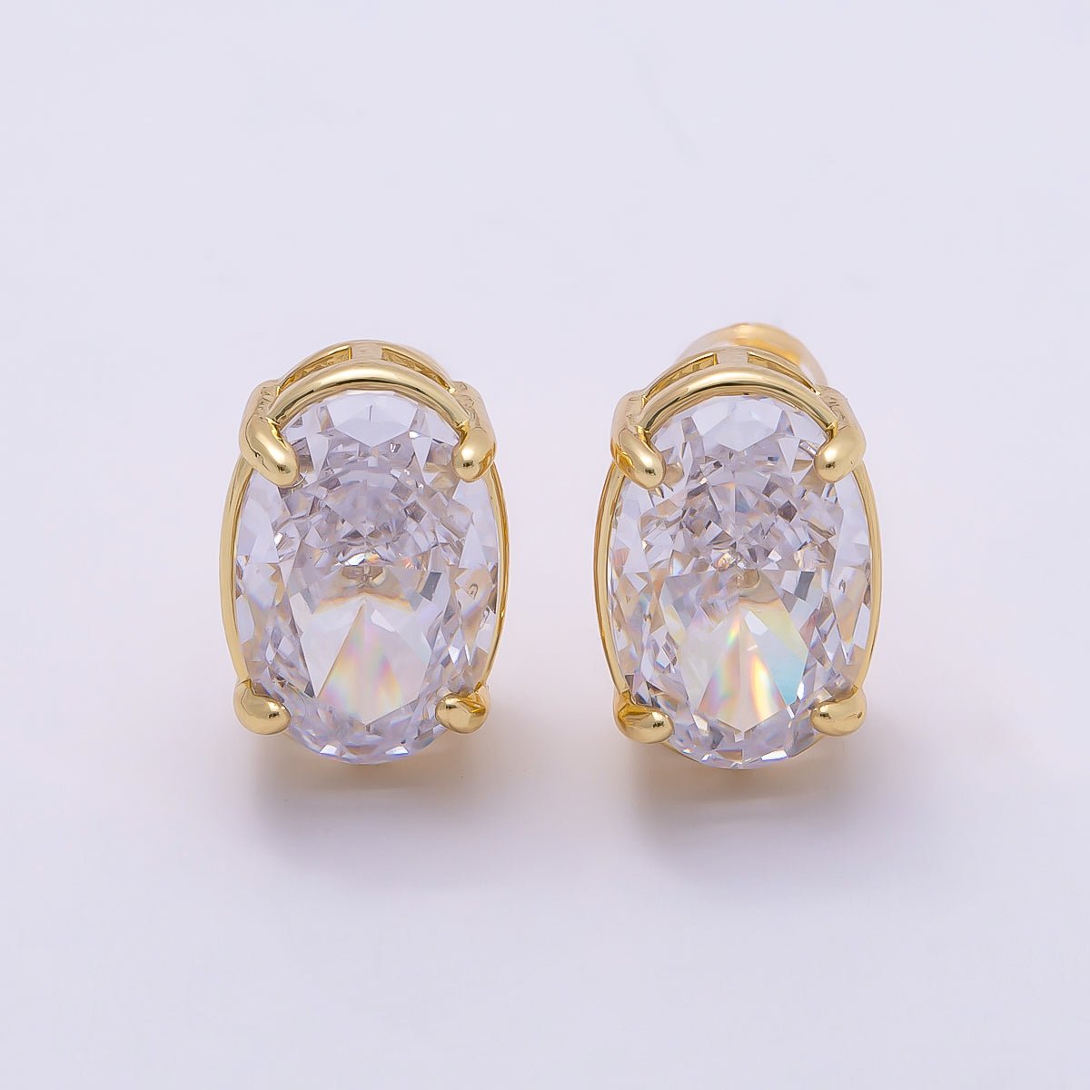 16K Gold Filled 13mm Clear Oval CZ Stud Earrings in Gold & Silver | Earrings-00403 Earrings-00404
