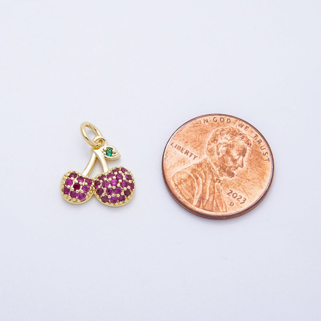 16K Gold Filled 13mm Red Micro Paved CZ Cherry Fruit Charm | Charms-00654