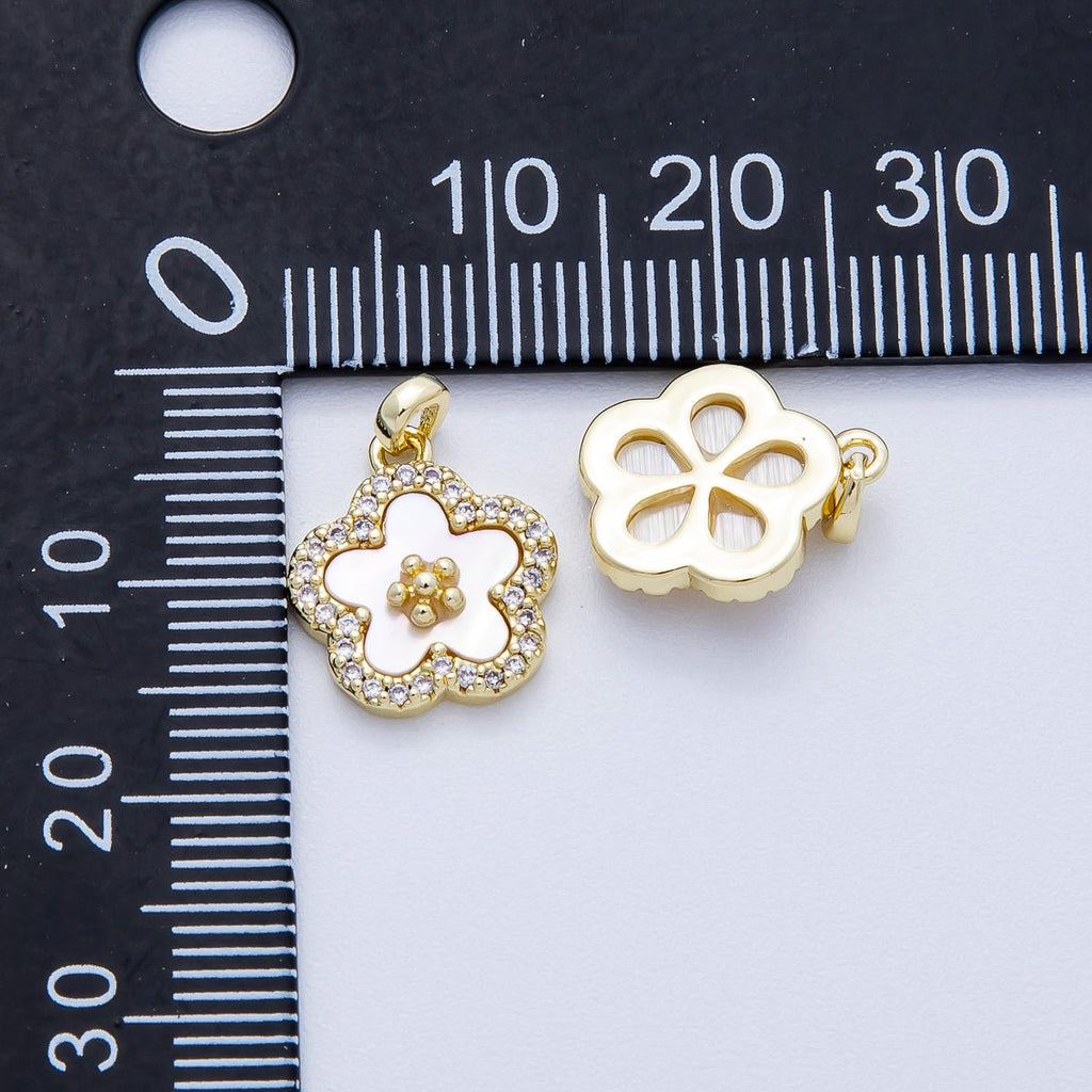 16K Gold Filled 13mm Shell Pearl Micro Paved CZ Flower Pendant | Charms-00427