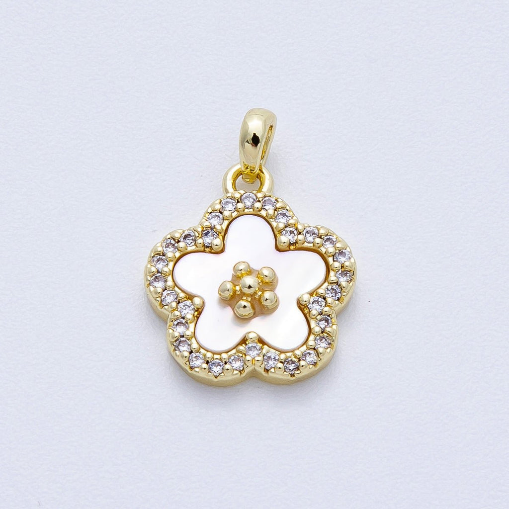 16K Gold Filled 13mm Shell Pearl Micro Paved CZ Flower Pendant | Charms-00427
