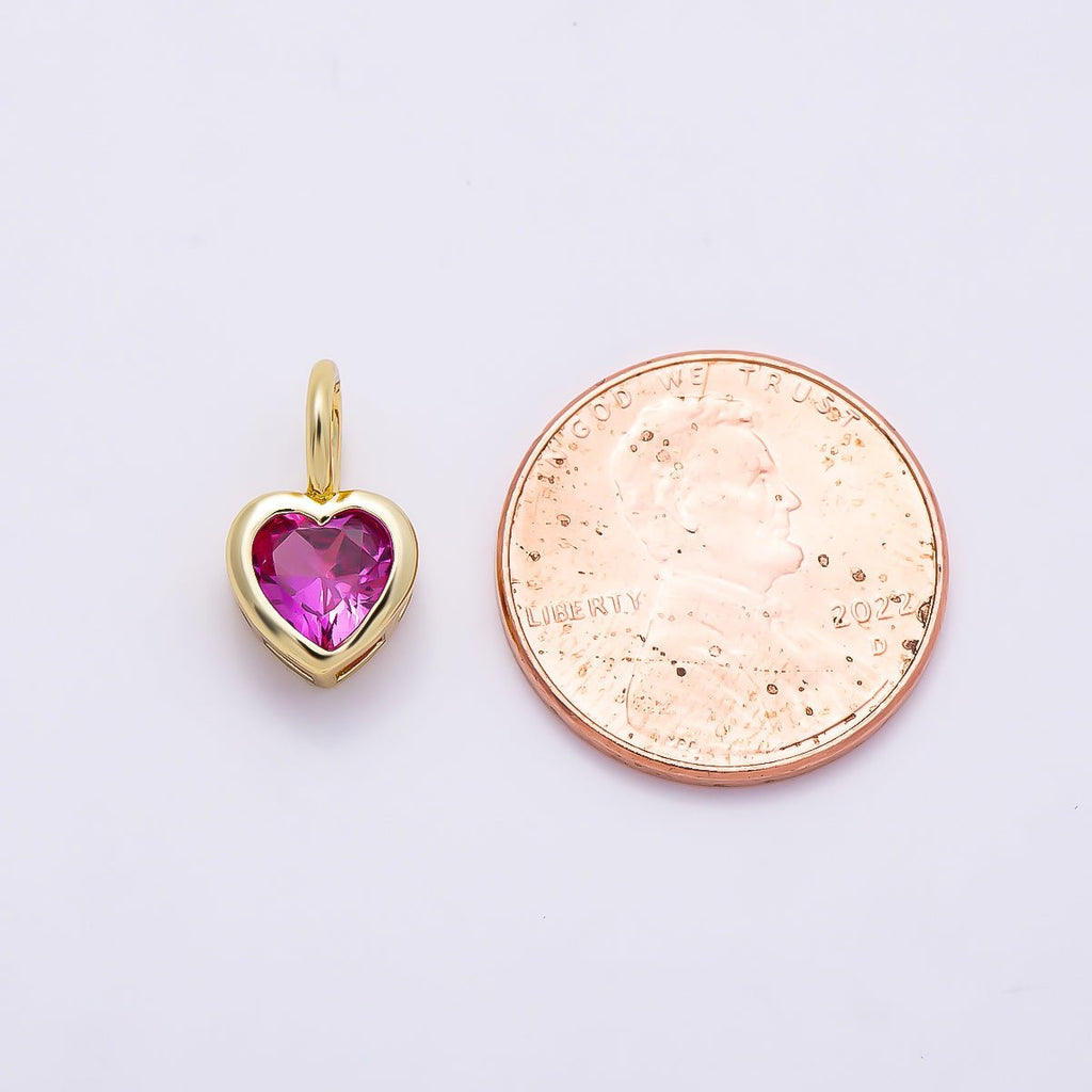 16K Gold Filled 14mm Birthstone CZ Bezel Heart Collar Chain Pendant | Charms-01287 ~ Charms-01298