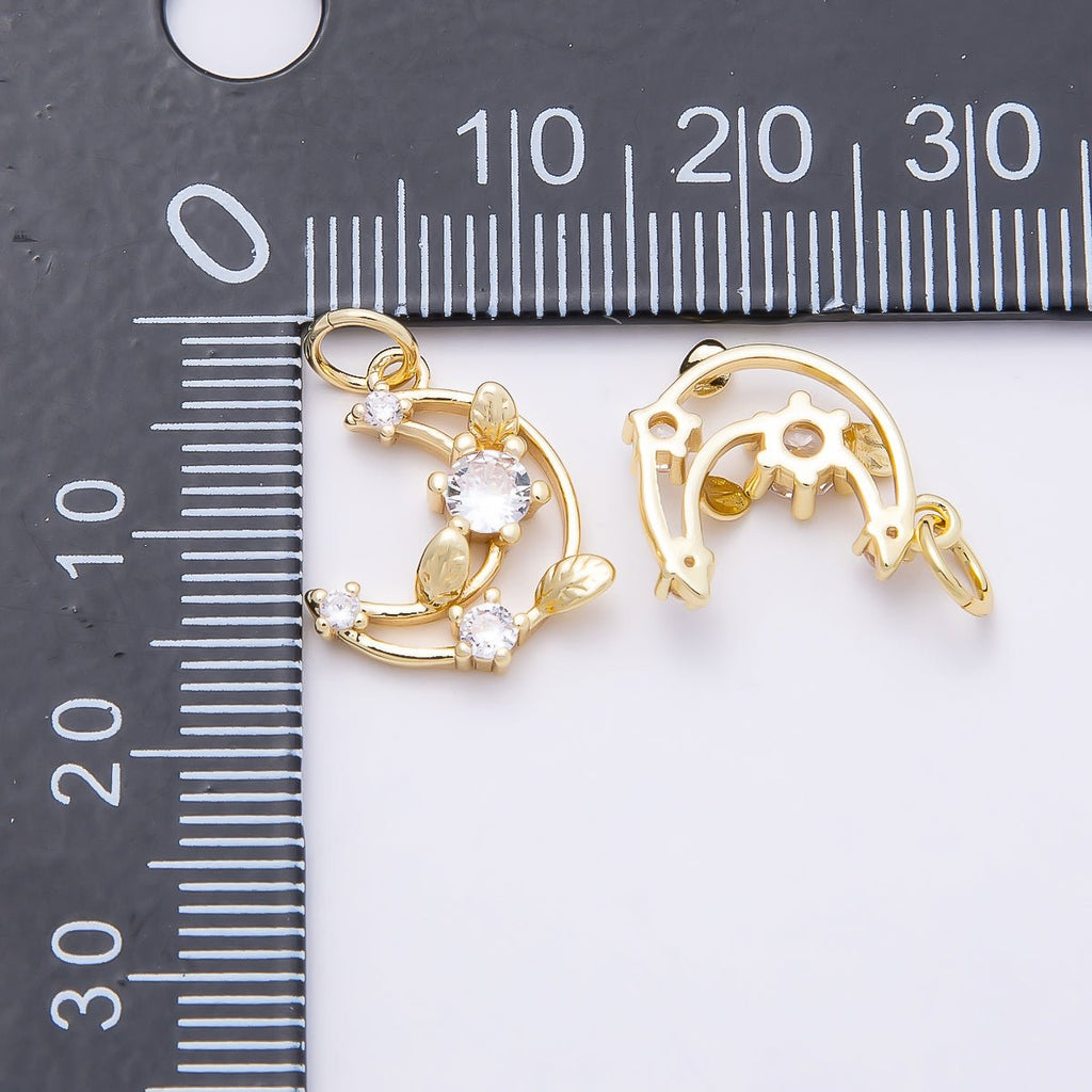 16K Gold Filled 14mm Clear CZ Celestial Crescent Moon Leaf Open Charm | Charms-00866