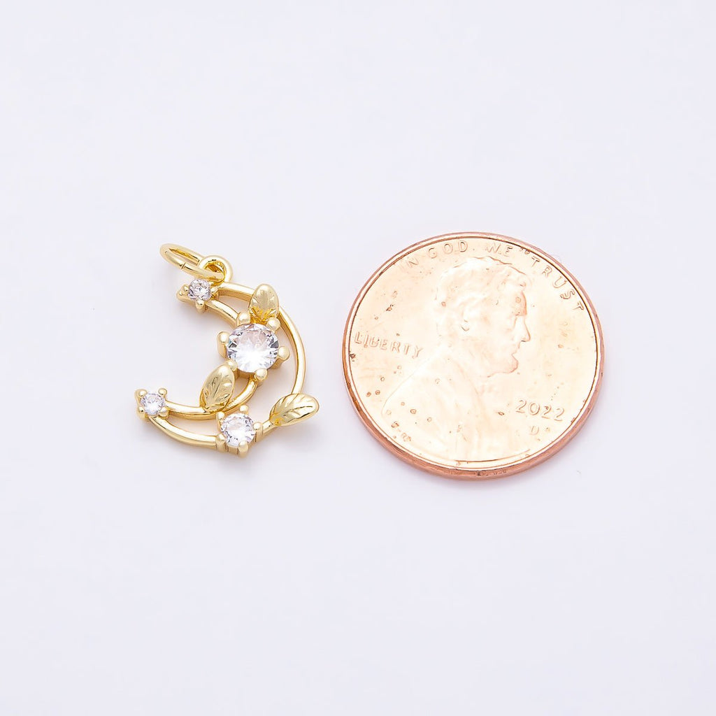 16K Gold Filled 14mm Clear CZ Celestial Crescent Moon Leaf Open Charm | Charms-00866