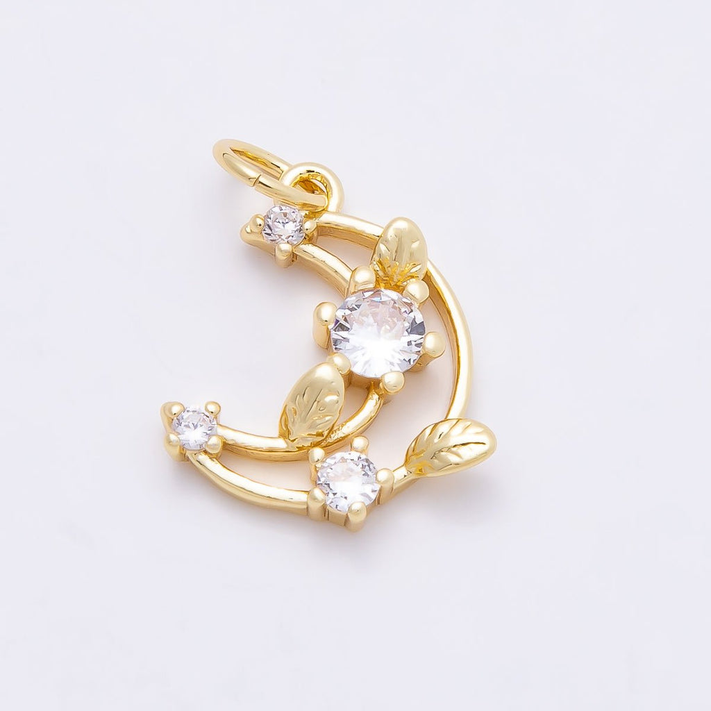 16K Gold Filled 14mm Clear CZ Celestial Crescent Moon Leaf Open Charm | Charms-00866