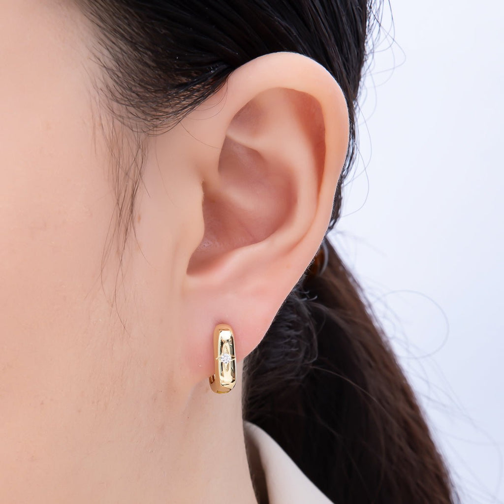 16K Gold Filled 14mm Clear CZ Celestial North Star Oblong Hoop Earrings | Earrings-00342
