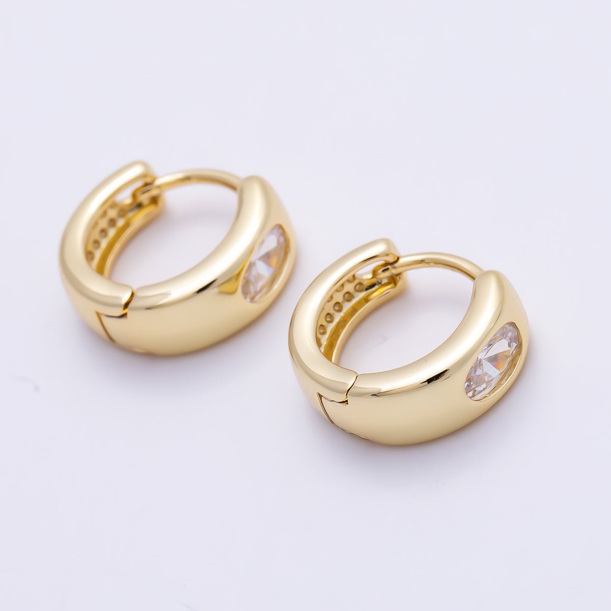 16K Gold Filled 14mm Clear Oval CZ Minimalist Dome Oblong Huggie | Earrings-00699
