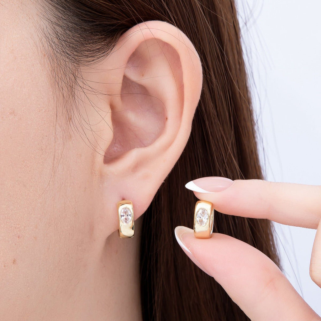 16K Gold Filled 14mm Clear Oval CZ Minimalist Dome Oblong Huggie | Earrings-00699