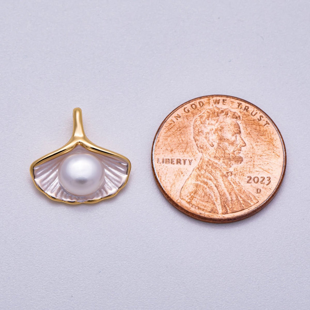 16K Gold Filled 14mm Shell Pearl Ginkgo Leaf Sea Shell Pendant | Charms-00716