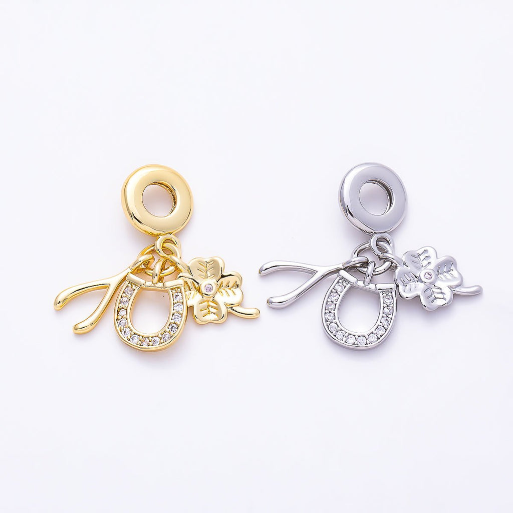 16K Gold Filled 15mm Micro Paved CZ Horseshoe Clover Wishbone Lucky Drop Rondelle Pendant in Gold & Silver | Charms-01512 Charms-01513