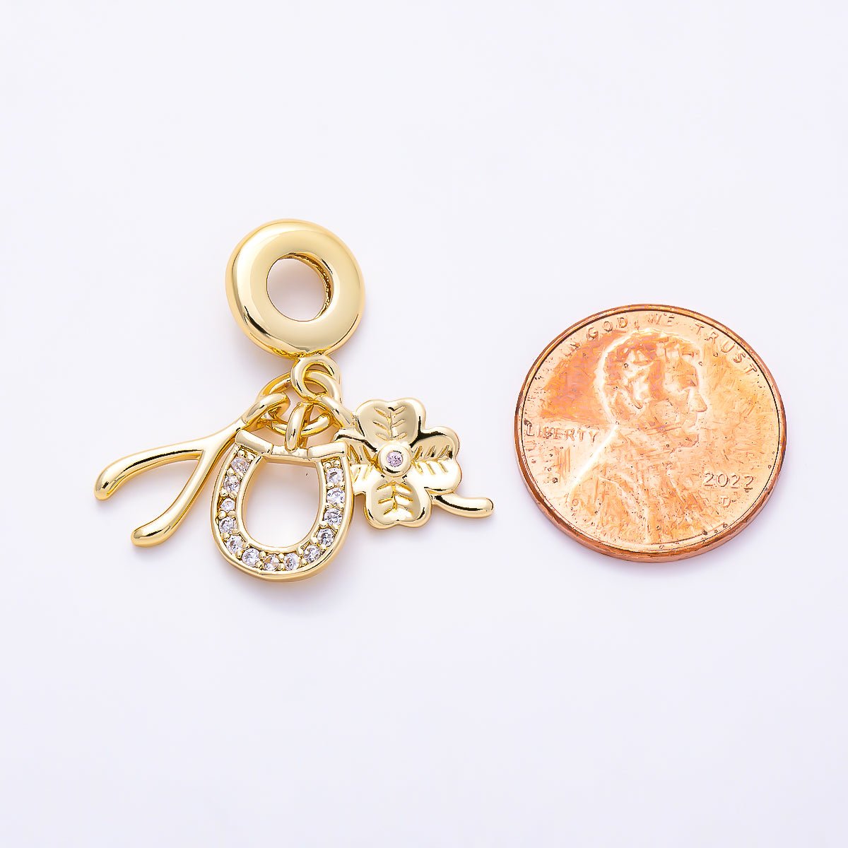 16K Gold Filled 15mm Micro Paved CZ Horseshoe Clover Wishbone Lucky Drop Rondelle Pendant in Gold & Silver | Charms-01512 Charms-01513