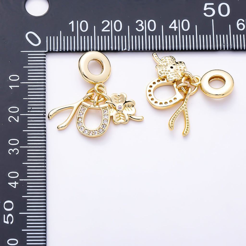 16K Gold Filled 15mm Micro Paved CZ Horseshoe Clover Wishbone Lucky Drop Rondelle Pendant in Gold & Silver | Charms-01512 Charms-01513