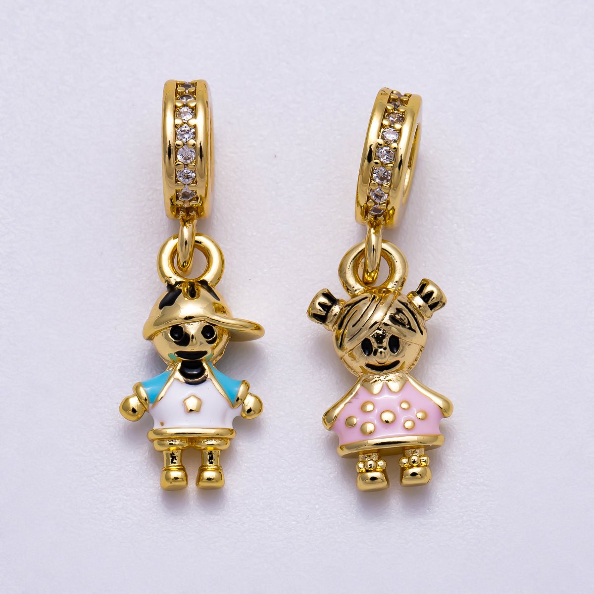 16K Gold Filled 15mm Pink, Blue Enamel Little Girl Boy Micro Paved CZ Rondelle Drop Pendant | Charms-00622 Charms-00623